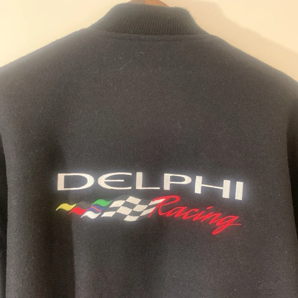 Vintage Mens Delphi Racing Varsity Jacket 2XL‎ Black Embroidered Leather Sleeves